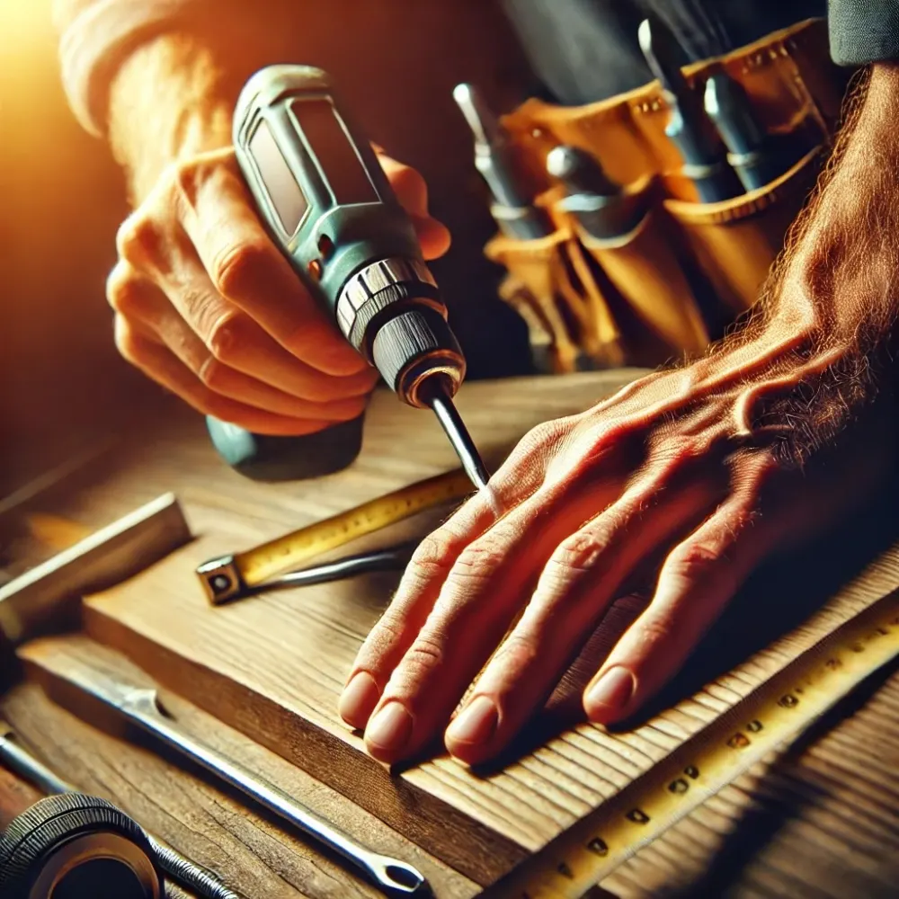 Contractor working with a drill on a wood frame